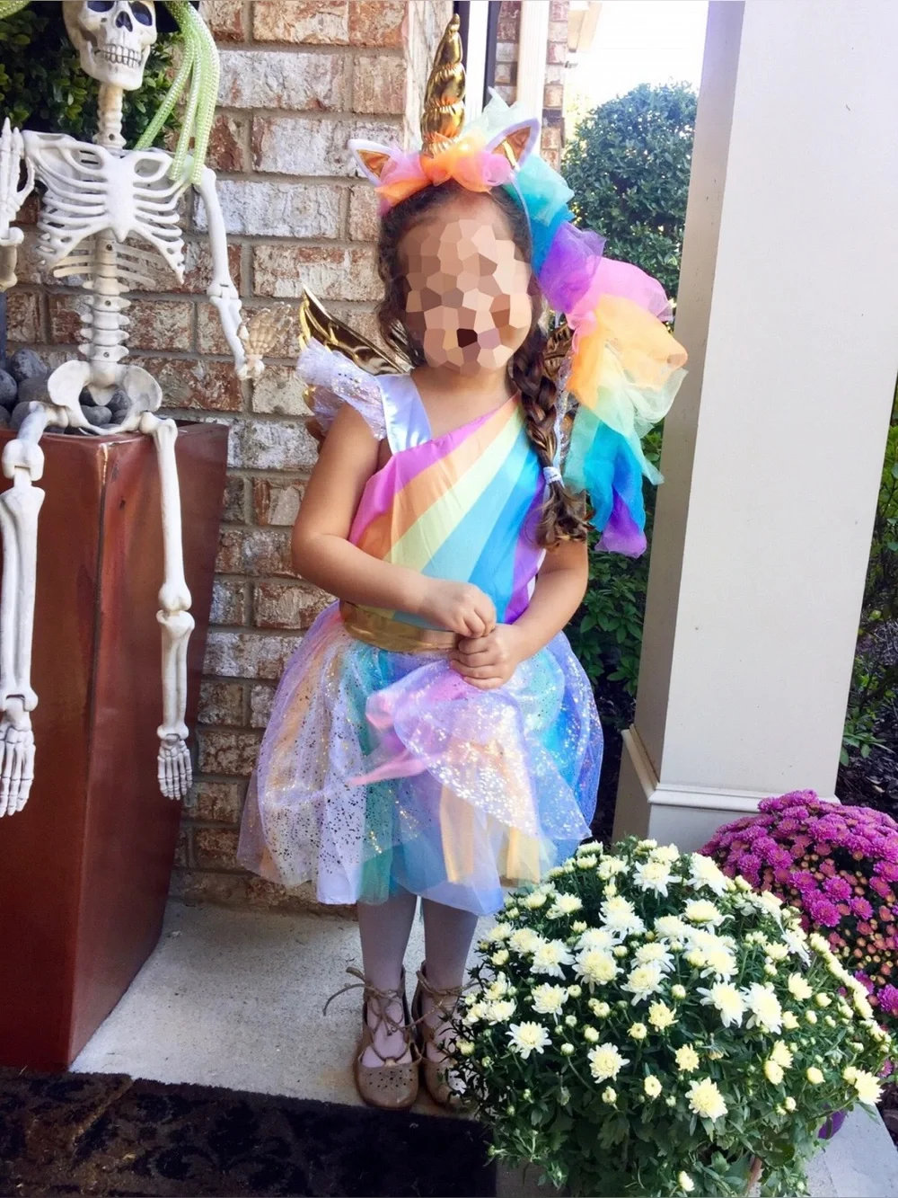 Girls Rainbow Unicorn Costume Dress with Gold Horn